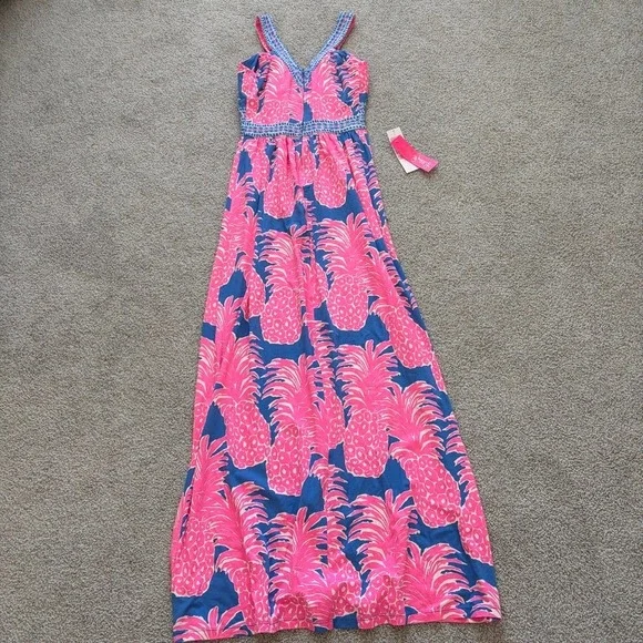 Lilly Pulitzer Taryn Maxi Dress Blue Haven Little Flamenco Size 4 Pink Pineapple - Picture 10 of 11
